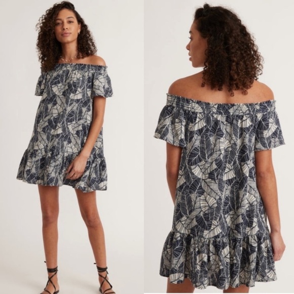 Marine Layer Shirley Off The Shoulder Dress in Navy Palm Large NEW - Picture 1 of 4